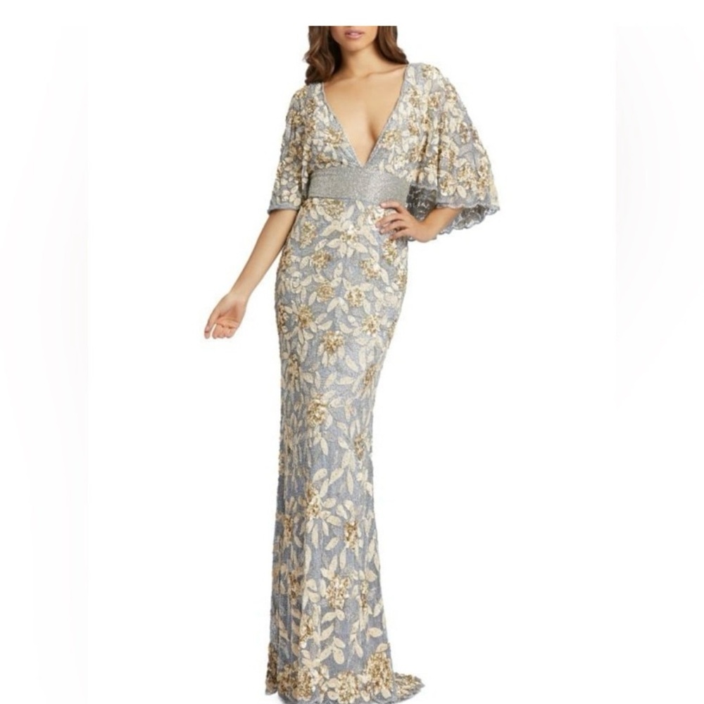 NWT Mac Duggal 4574 Platinum Gold Capelet Flounce Sleeve Sequin